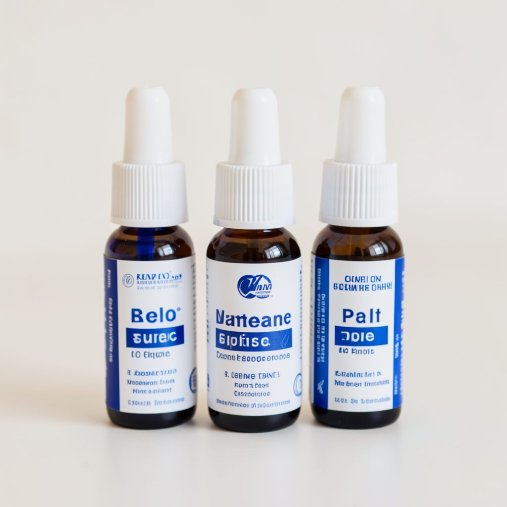 Three small nasal mist spray bottles with blue and white labeling, grouped together on a light surface