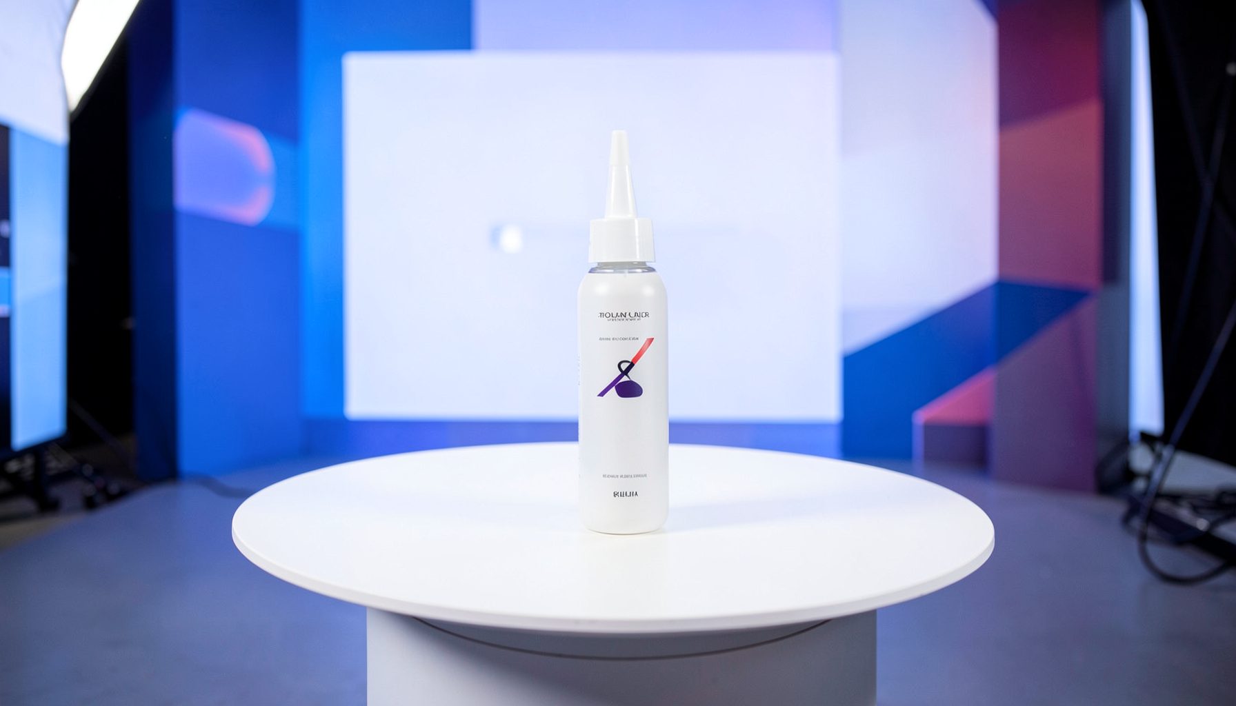 News studio backdrop with a product display table featuring a squeeze bottle, bright studio lighting, professional setting