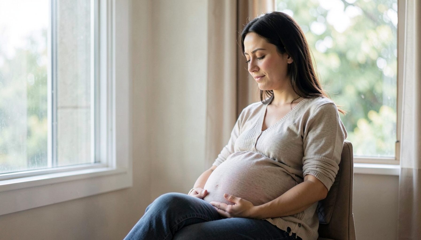 Pregnant woman sitting peacefully by a window with soft natural light, serene and contemplative