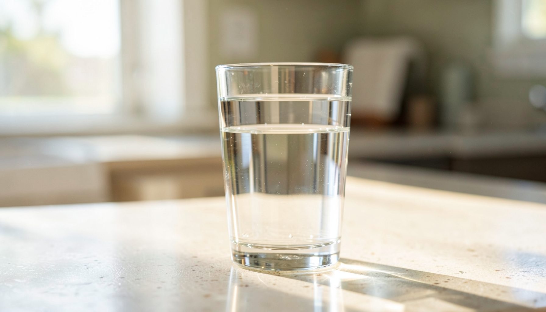 A clear glass of water on a kitchen counter with morning sunlight streaming in, clean and fresh feel