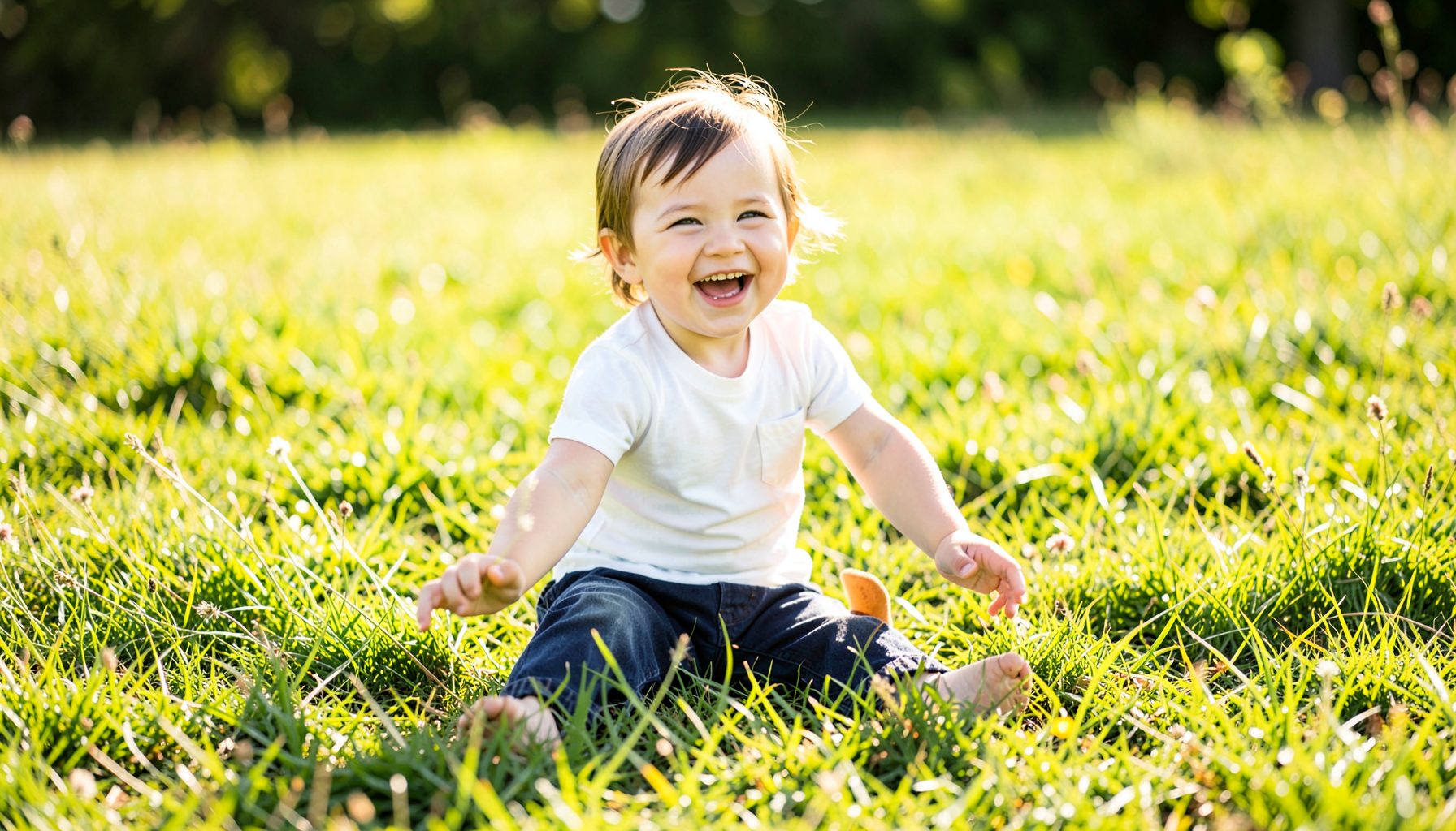 Child smiling while playing outdoors in a sunlit grassy field, carefree and healthy