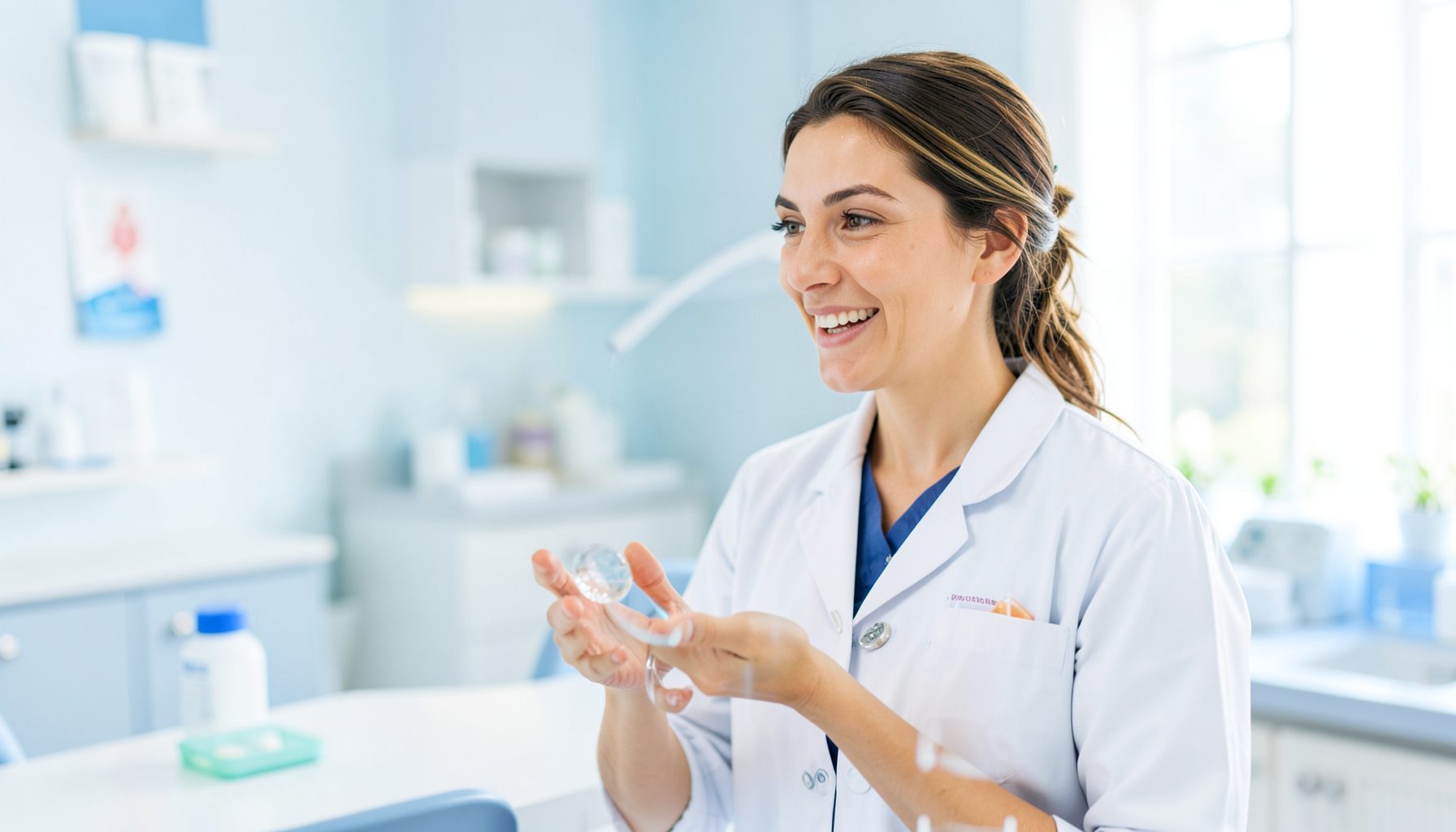 A friendly healthcare professional in a bright clinic setting explaining nasal care, warm and reassuring atmosphere with soft blues and whites