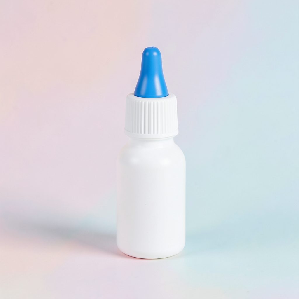 A smaller white squeeze bottle with a child-friendly blue nasal tip on a soft pastel background