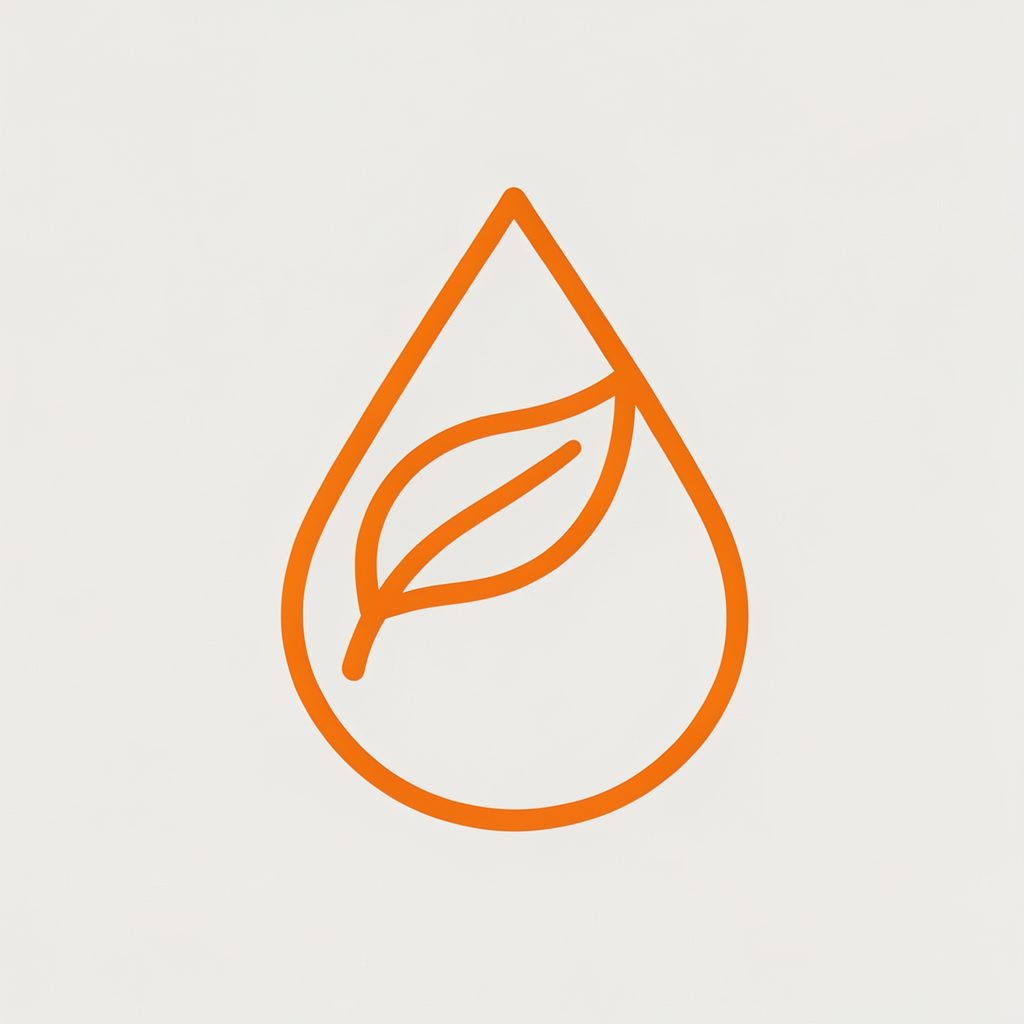 A simple line-art icon of a water droplet with a leaf, representing natural saline solution, in orange on a light background