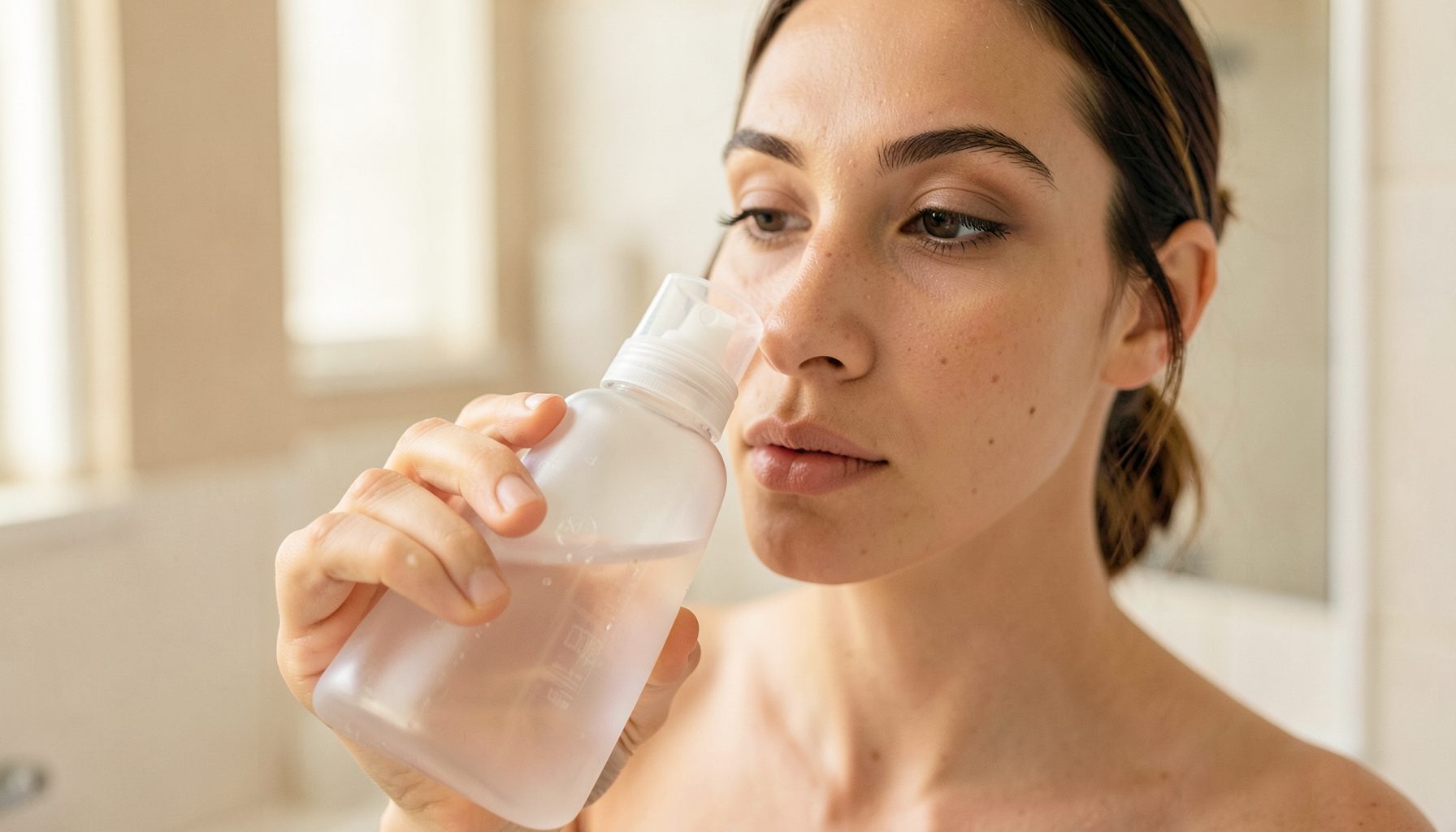 Close-up of a person holding a translucent squeeze bottle near their face in a bright bathroom, warm neutral tones