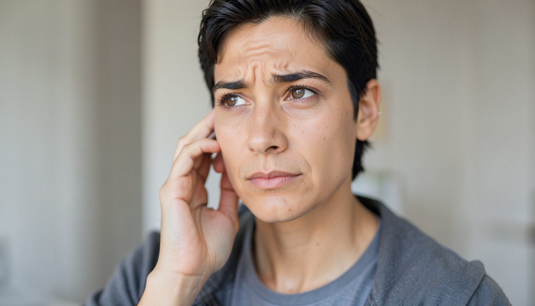 Person gently touching near their ear, soft natural lighting, concerned but calm expression