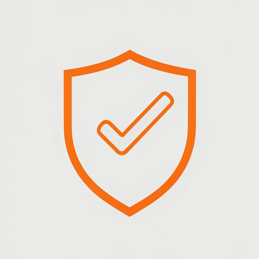 A simple line-art icon of a checkmark inside a shield, representing safety and compliance, in orange on a light background