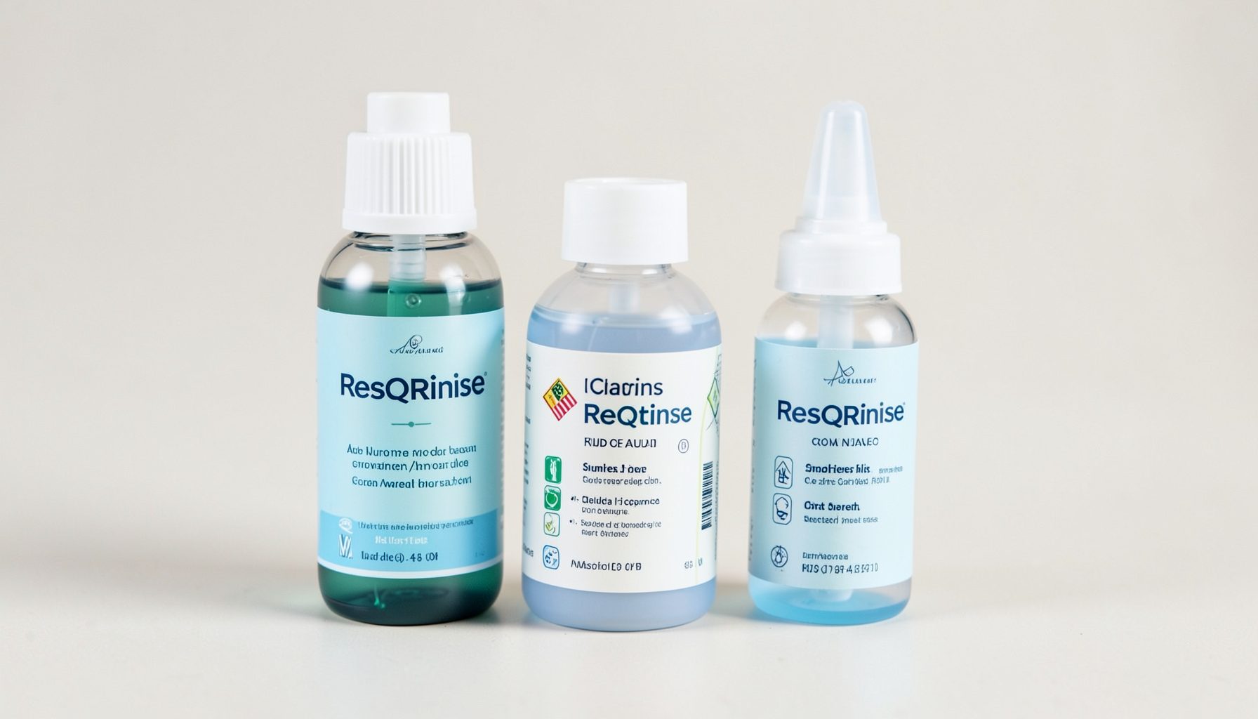 Three ResQRinse products arranged on a light surface: adult bottle, kids bottle, and nasal mist, clean product-photography style