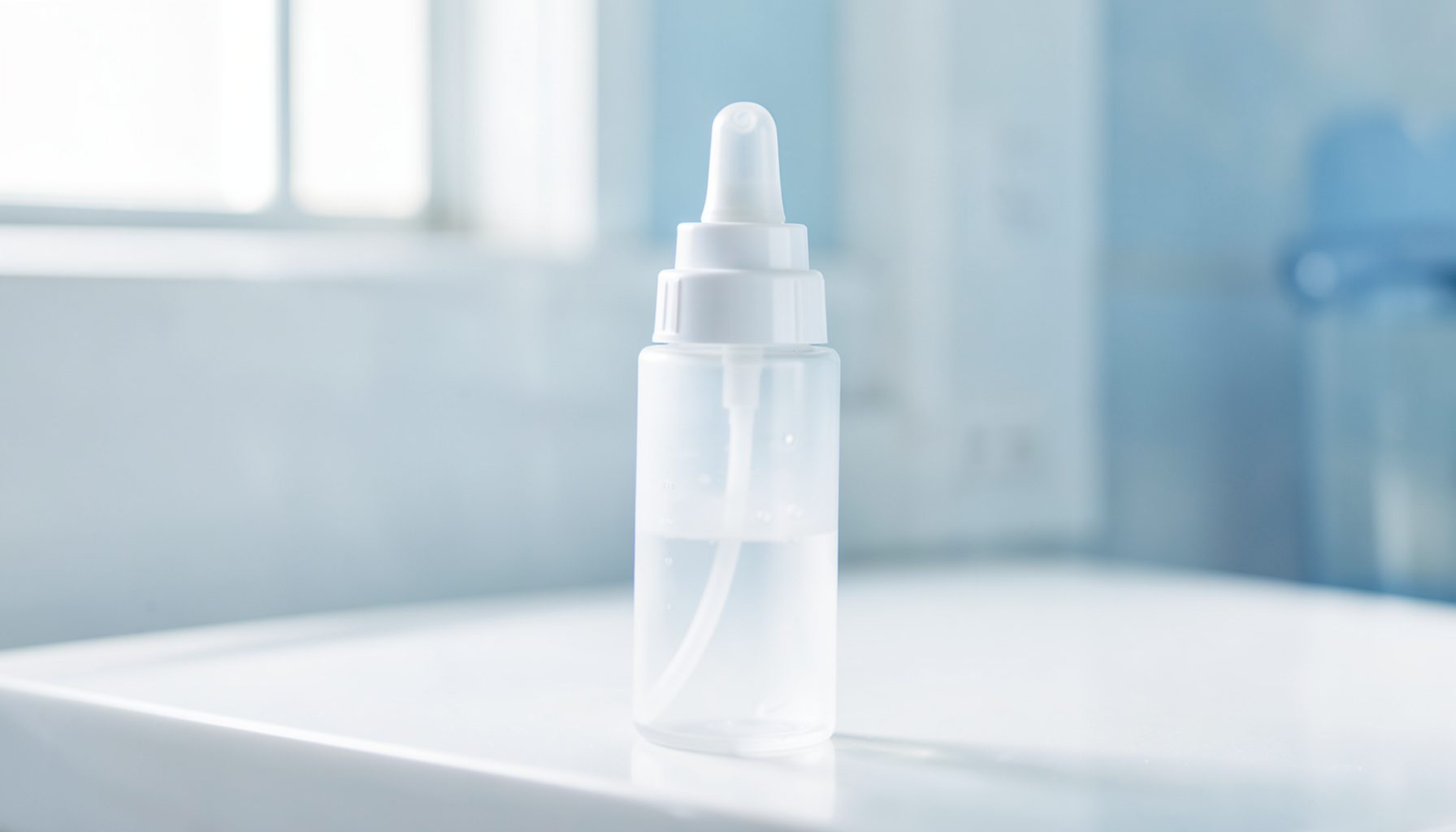 A close-up of a clean, modern nasal rinse squeeze bottle on a bright bathroom counter, white and blue tones with soft natural light