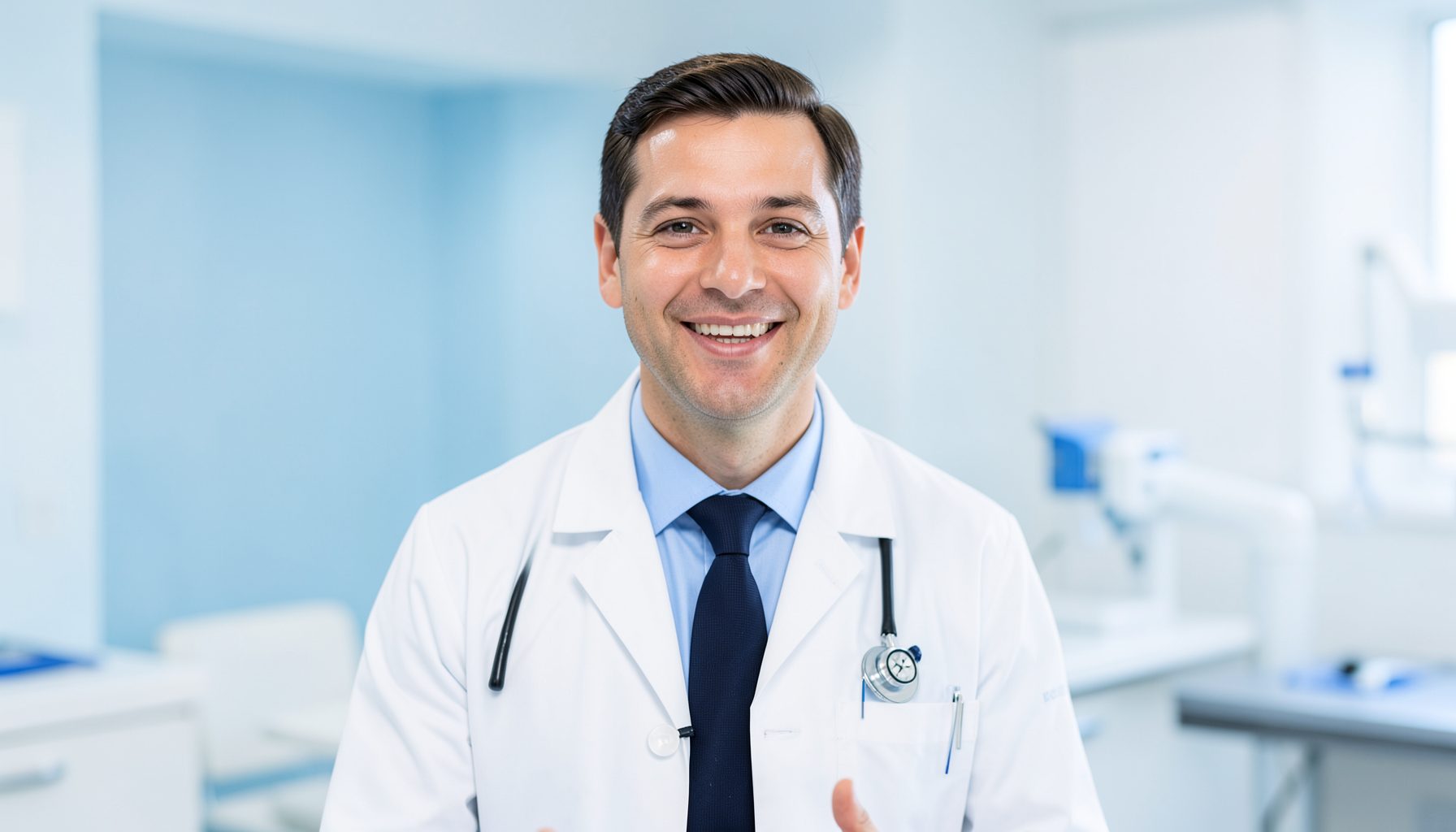 A doctor in a white coat speaking warmly to camera in a clean clinical setting, soft blues and whites
