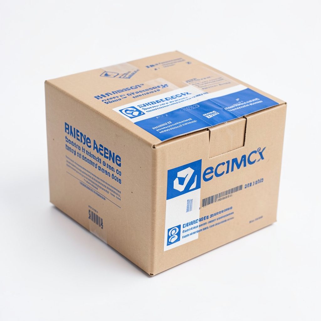 A box of saline packets with blue and white branding on a clean white background