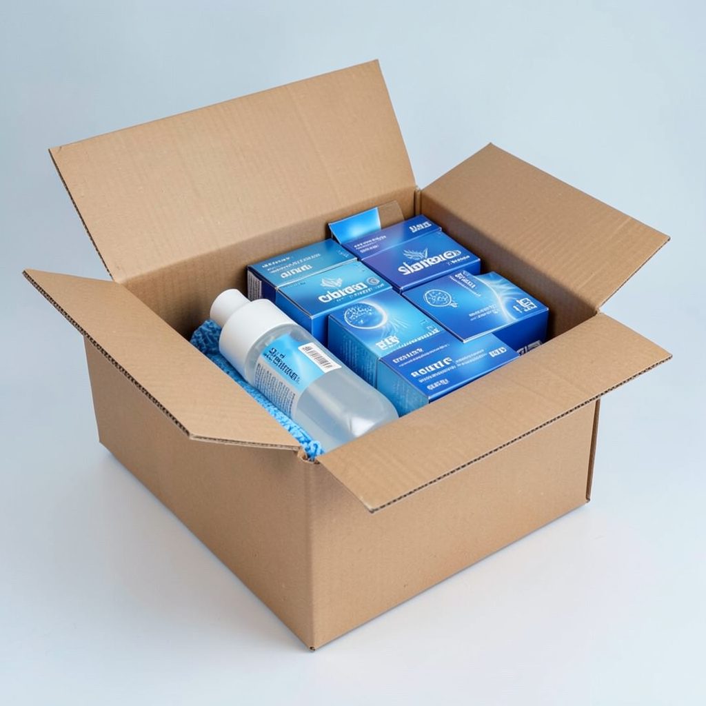 A larger boxed kit with a squeeze bottle and multiple saline packet boxes, suggesting a bulk supply