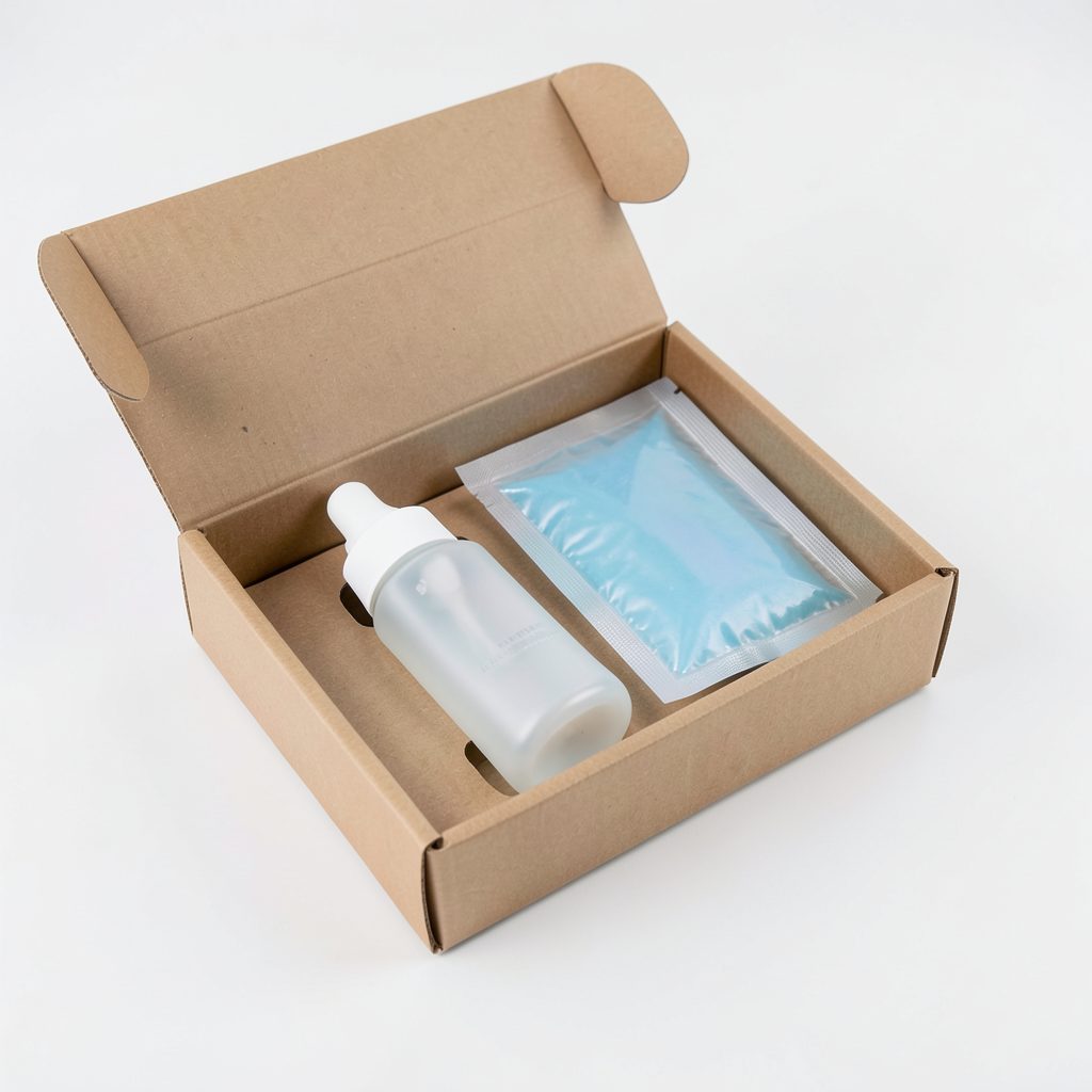 A boxed kit with a squeeze bottle and saline packets arranged neatly on a white surface, clean and clinical