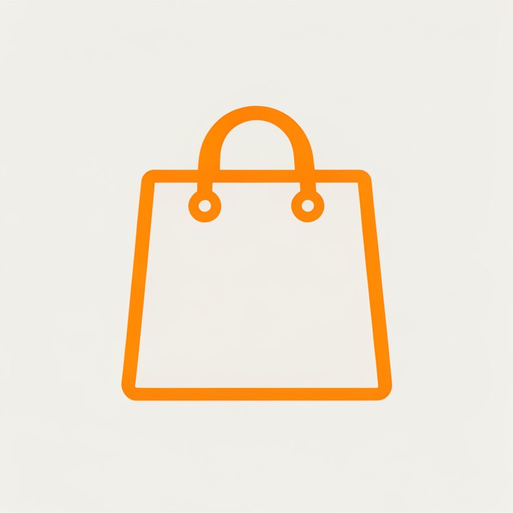 A simple line-art icon of a shopping bag, representing the product store, in orange on a light background