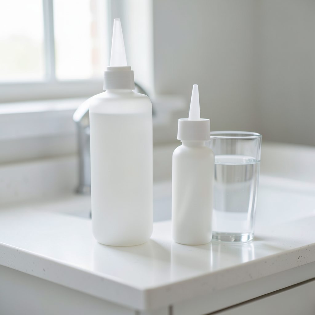 A clean, bright bathroom counter with a white nasal rinse squeeze bottle next to a glass of water, soft natural daylight, calm and hygienic atmosphere