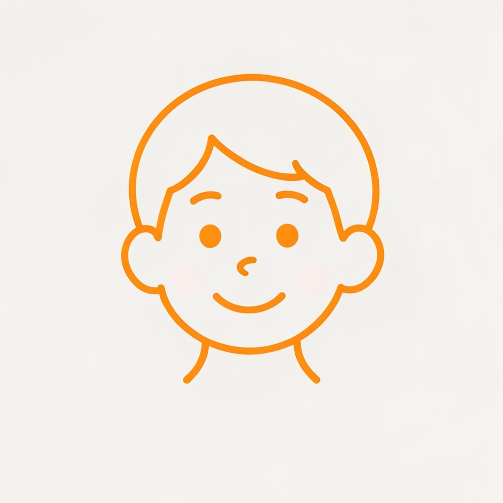 A simple line-art icon of a child's face profile with a gentle smile, representing the children's product, in orange on a light background