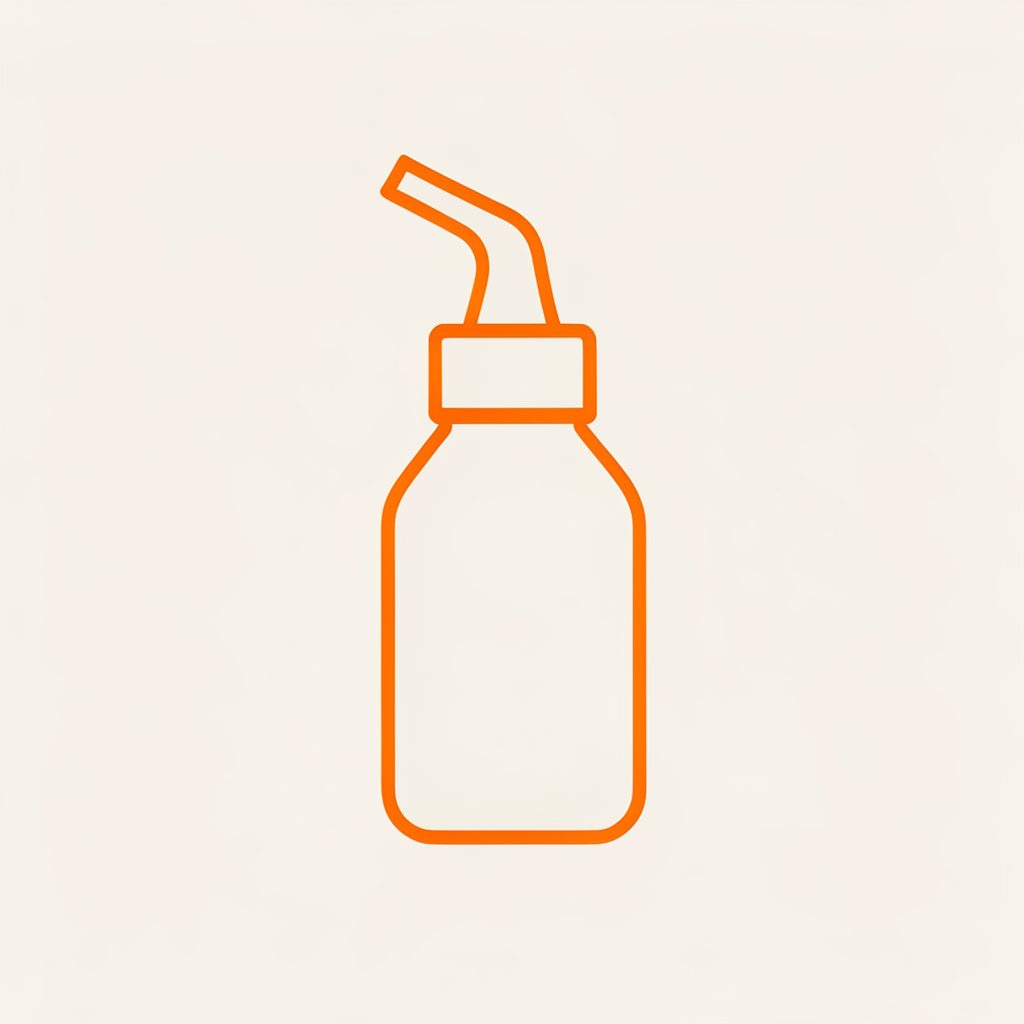 A simple line-art icon of a squeeze bottle with a curved nozzle, representing the nasal rinse device, in orange on a light background